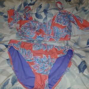 Floral Coral and Purple Bikini Set